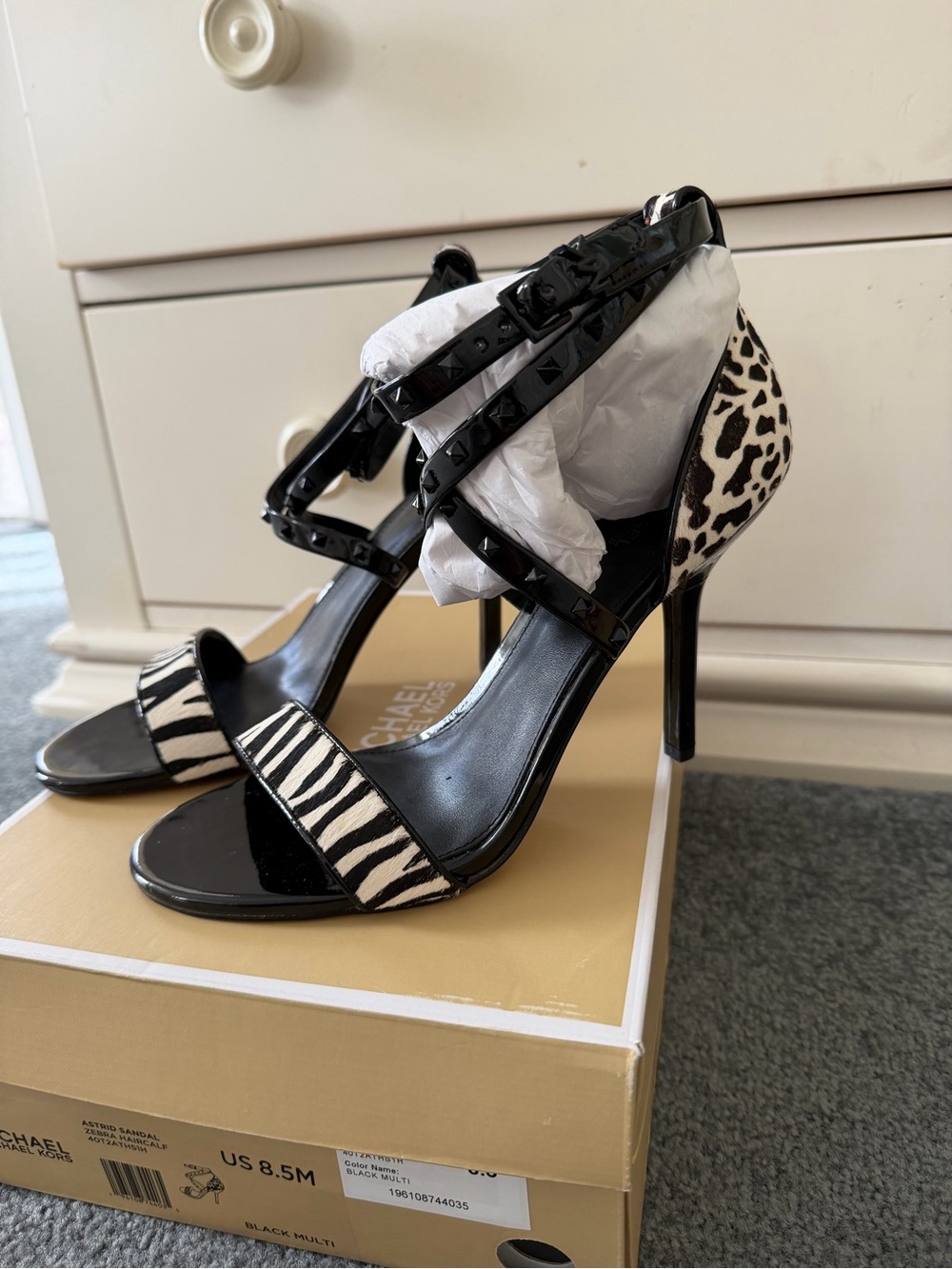 Michael Kors Black & White Animal Print Studded Heels -Astrid